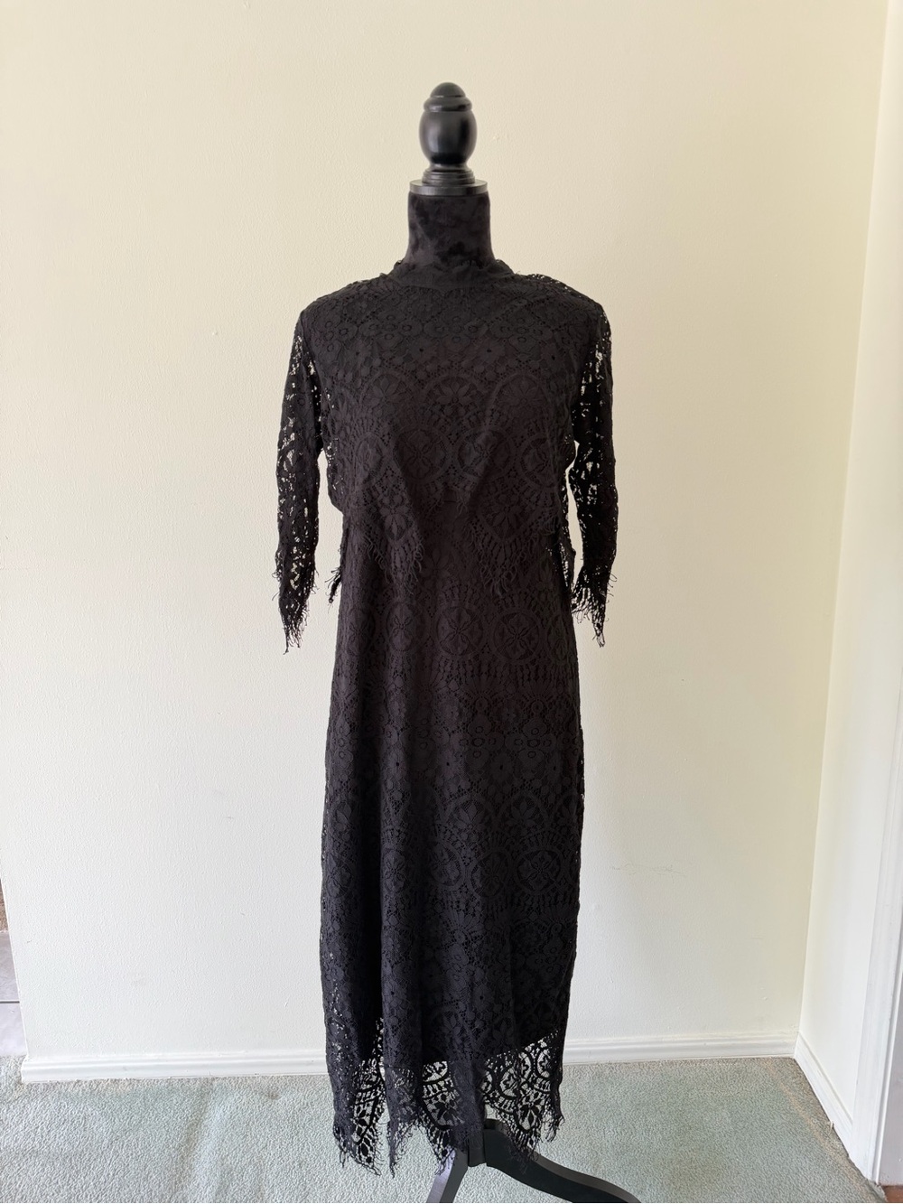 Zara Black Lace Midi Dress with Mock Neck